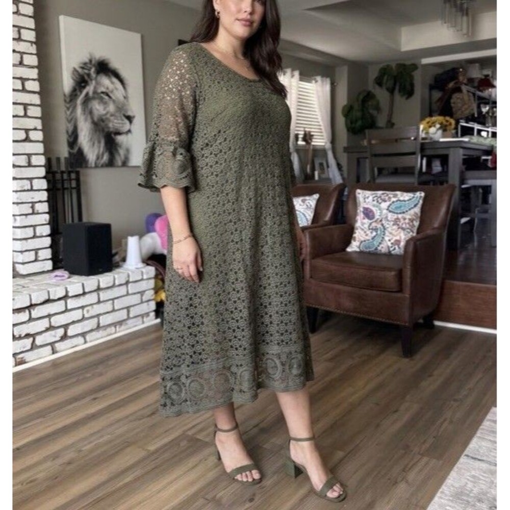 Lane Bryant Olive Green Crochet Lace Shift Dress Sz 20P Petite Boho Party Chic